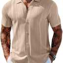 COOFANDY Men's Knit Shirts Short Sleeve Button Down Polo Shirt Vintage Casual Beach Shirt Summer Tops L