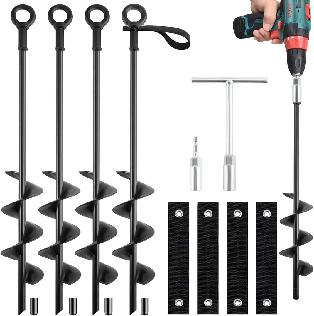 18-Inch Ground Anchors Screw In Heavy Duty, 4 Pack Trampoline Anchors & Stakes High Wind With Wrenches And Straps, Earth Anchors Kit For Swing Sets, Sheds, Camping Tent, Canopies, Mobile Home