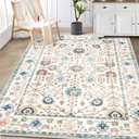 MUJOO Washable Rug 6'x10', Boho Small Area Rugs for Entryway Bedroom Living Room Kitchen,Blue Non Slip Carpet Indoor,Vintage Soft Teal and Pink Floral Rug