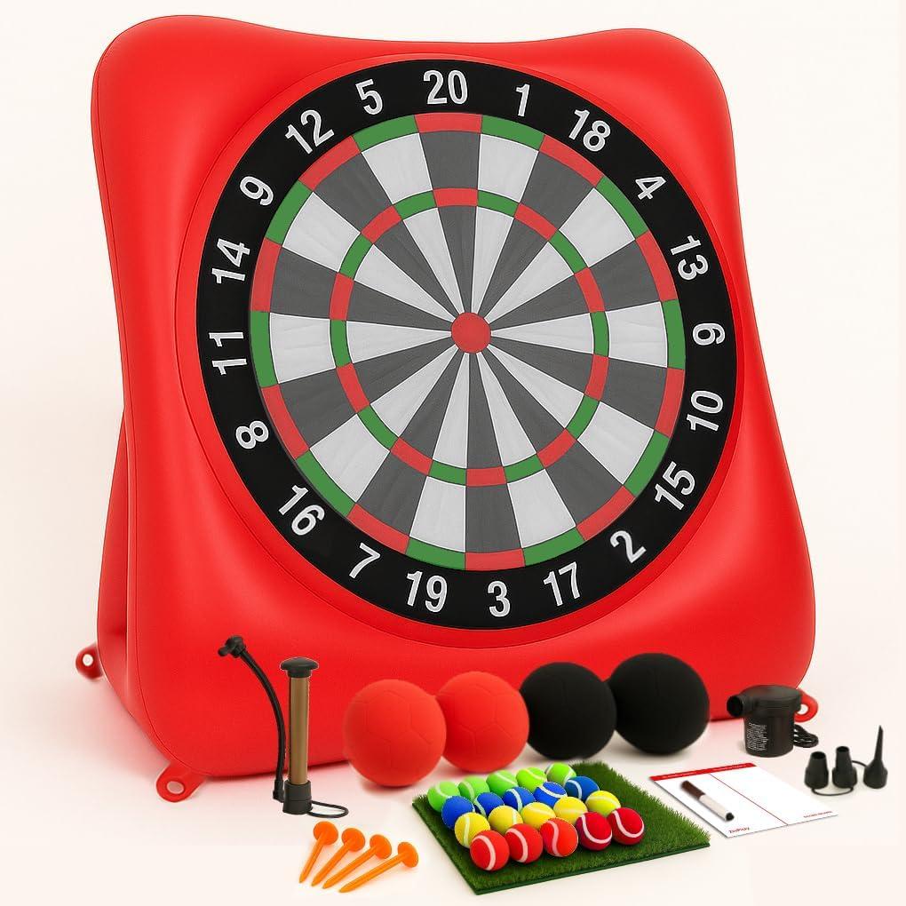 Inflatable Soccer Dart Board and Golf Darts Giant Kick Target Yard Game for Adults Kids Outdoor Backyard Parties with 4 Soccer Balls 20 Golf Balls Chipping Mat Pumps Scorecard Red Color 6.3 Feet