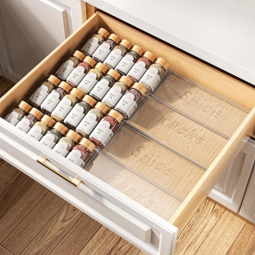 Spice Drawer Organizer, 4 Tier- 4 Pack Clear Acrylic Drawer Seasoning Organizer, Expandable From 11'' to 22'' Kitchen Spice Rack Organizers and Storage for Drawer (Jars not included)
