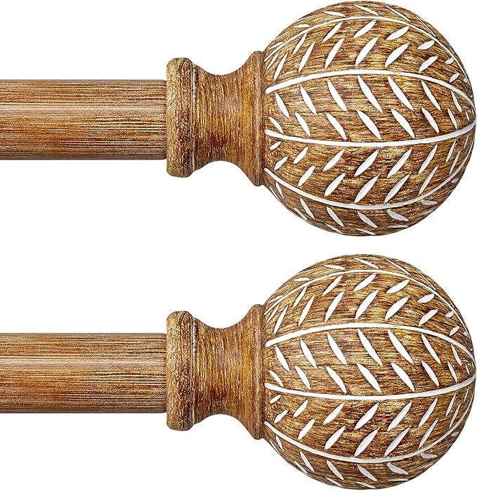QDWIS 2 Pack Wood Curtain Rods for Windows 48 to 84 Inch,1'' Diameter Drapery Rods with Imitation Wood Grain Leaf Pattern Finials,Boho Adjustable Heavy Duty Curtain Rods Set,36-88'', Color:Natural Wood