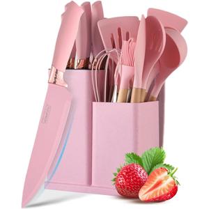 Kitchen Knife Set with Block, Retrosohoo Pink 19PC Silicone Kitchen Utensil Set and Stainless Steel Knife Set, Non-stick Sharp Chef Knife and Cooking Utensils Gift for Women Family (19 in 1)