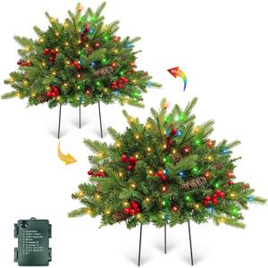 Dual Color Change&Timer 2 Pack 21 Inch Christmas Tree Outdoor Urn Filler Warm White&Colored Lights 8 Mode Pinecones Red Berries Battery Operated Tripod Stake Christmas Porch Decor Pathway Holiday Yard