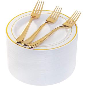 I00000 144 Small Plastic Dessert Plates Set Include 72 Pcs Gold Dessert Plates 7.5" with 72 Pcs Forks 7.5",Disposable Cake Plate,Fancy White Gold Plastic Small Plates for Party