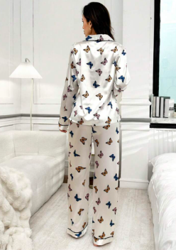 LuxeNights Polyester Butterfly Print Shirt Collar Long Sleeve Top & Pants Pajama Set Cozy And Elegant Details, Fall Large
