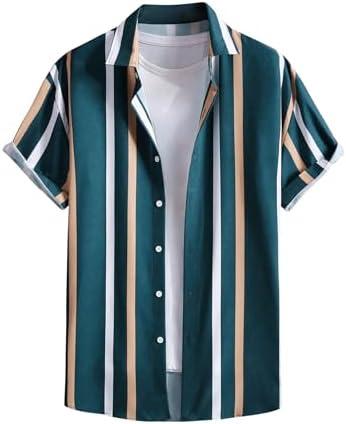OYOANGLE Men's Color Block Striped Print Short Sleeve Button Up Casual Shirt, Medium, Navy Blue White
