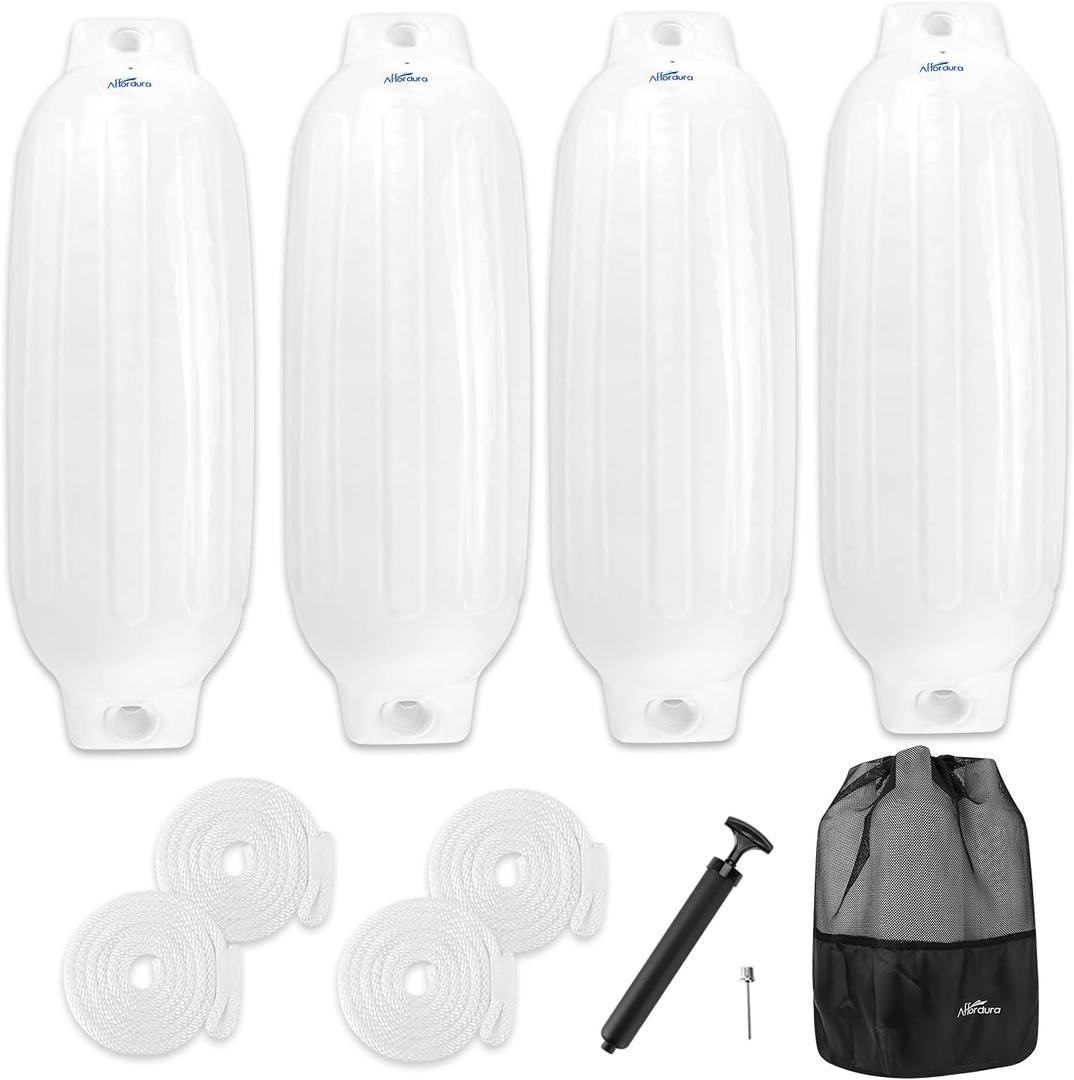 Affordura Boat Fender 4 Pack Boat Bumpers Fenders with 4 Ropes, Boat Bumpers for Pontoon Boat Fenders Inflatable (8.5 inch, White)