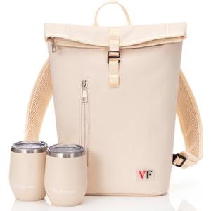 Two Bottle Rolltop Wine Tote Bag  Stylish PU Leather Backpack with Matching Tumblers  Wine Carrier with Padded Straps and Compartments for Travels & Picnics (Beige)