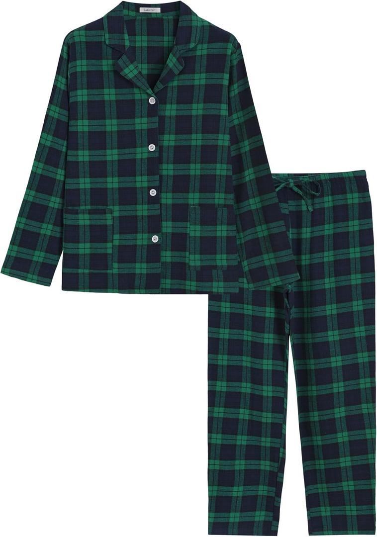 Latuza Women's Petite Cotton Flannel Pajama Set Petite Size Button Up PJs (Navy & Green) L