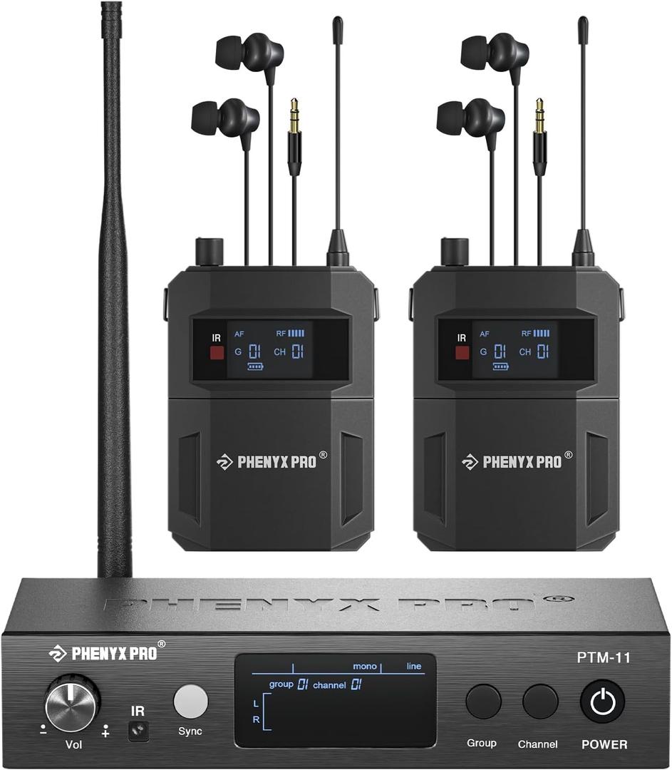 Phenyx Pro Wireless in Ear Monitor System,Dual in Ear Monitors for Musicians, Mono Stage Monitor, Metal IEM w/ 2 Bodypacks, 50 UHF Frequencies, Rack Mount, 164ft Range, for Studio/Band (PTM-11-2B)