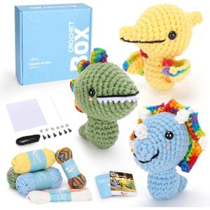 Crochet Kit for Beginners Adults - 3pcs Dinosaur Starters Crochet Kit, Beginners Crocheting Kitting for Adults Teen, DIY Craft Gifts with Crochets Yarns, Hook, Step-by-Step Video, Instruction