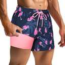 SURF CUZ Mens Swim Trunks with Compression Liner Quick Dry Swim Shorts Swimming Trunks 2 in 1 Bathing Suit Zipper Pockets (XX-Large, Dark Tropical Flamingo)
