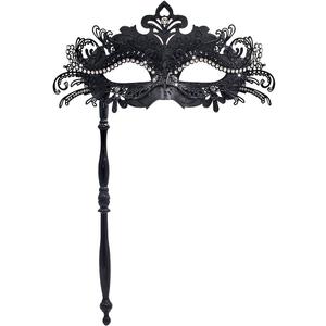 WILOVCOS Womens Masquerade Mask with Stick, Handheld Mardi Gras Mask,Venetian Party Masks (Black)