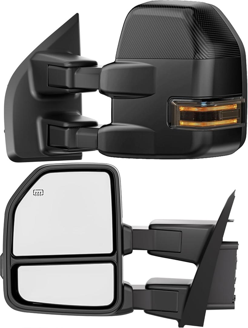 Smoked Power Heated Tow Mirrors Compatible with 2015-2020 Ford F150 F-150, Extended Trailer Towing Side Mirrors w/LED Turn Signal & Ambient Temp Sensor(for 2019+), Carbon Fiber Grey Housing