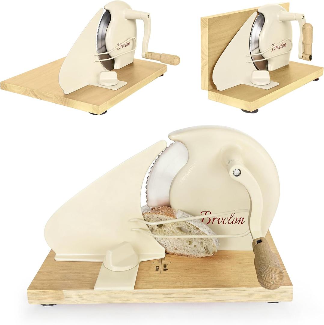 Large Foldable Manual Bread Slicer with Wooden Board & Foldable Handle,0-0.9" Adjustable Thickness,Serrated Blade & Suction Cup,Bread Slicer for Homemade Sourdough Bread,Soft Bread,Bagels,and More - Cream
