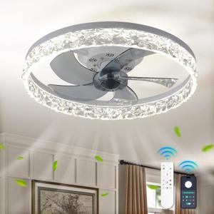 FRIXCHUR 19.7" Crystal Chandelier Fan Modern Flush Mount Ceiling Fan with Lights Dimmable Low Profile Ceiling Fans 6 Speeds 3 Color Fandeliers for Bedroom Living Room Kitchen (White)