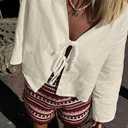 Chvity Tie Front Tops for Women Y2K Linen Shirts Flare Sleeve V Neck Going Out Coquette Clothes Casual Lace Up Bow Blouses (Beige, S)