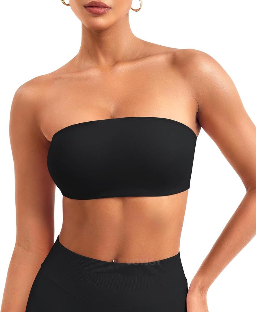 VOYJOY Women Strapless Bandeau Bra Wireless Padded Sports Bra Tube Top Seamless Stretchy Workout Bralette, XS