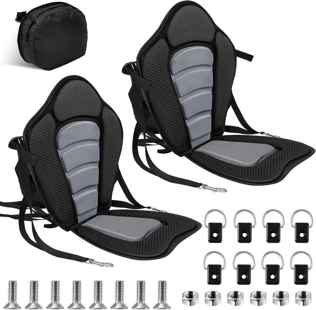 Lewtemi 2 Pack Kayak Seats with Back Support Adjustable Sit on Top Padded Boat Seat with Detachable Storage Bag and 8 Fixed D Ring and Screws (Black Gray)