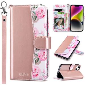ULAK Compatible with iPhone 14 Wallet Case for Women, PU Leather Floral Flip Cover with Card Holder Kickstand Feature Protective Purse Case 6.1 Inch, Rose Gold