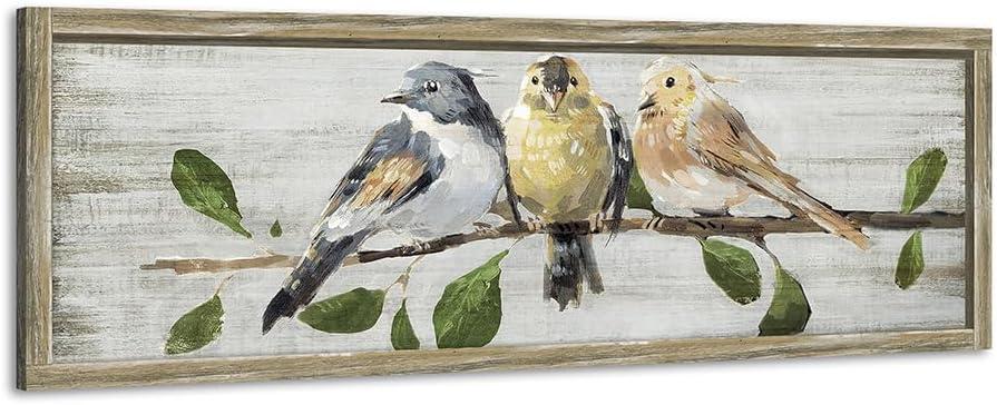 Rustic Bird Framed Wall Art: Vintage Animal Wooden Painting Abstract Colorful Cute Sparrow Picture Country Chubby Chickadee Prints Artwork Decor for Living Room Bedroom Farmhouse (36"L x 12"W, yellow)