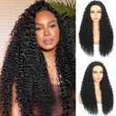 Synthetic Half Wig, Long Water Wave 3 In 1 Black Half Wigs For Black Women, Seamless Flip Over Glueless Beginner Friendly Deep Wavy Curly Wigs Drawstring Headband Wig for Daily Use