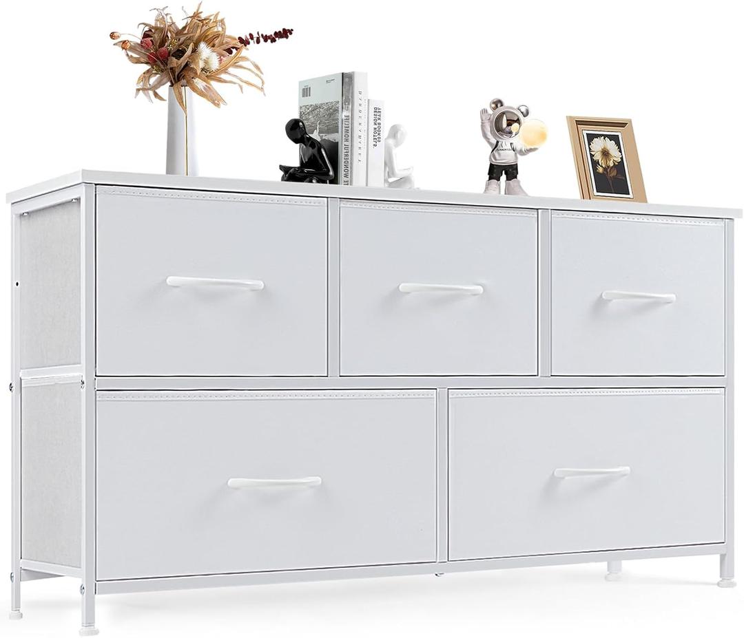 DUMOS Dresser for Bedroom, 5 Storage Drawers, Wide Fabric Closet Chests Organizer Tower Furniture with Wooden Top Metal Frame for Clothes, Guest Room, Living Room, Hallway, Entryway (11.8"D x 39.4"W x 20.9"H (5 Drawers), White)