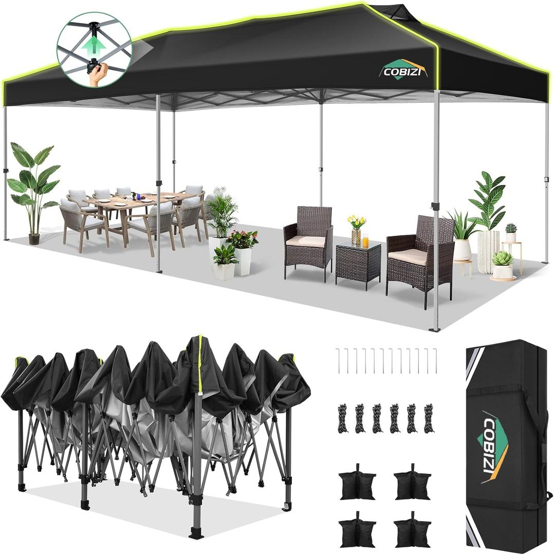 COBIZI 10x20 Pop Up Canopy Tent Without Removable Sidewalls, One Push Party Tent Outdoor Waterproof Event Canopy with Air Vent for Parties Commercial Wedding, 3 Height, Carry Bag, Sandbag, Black
