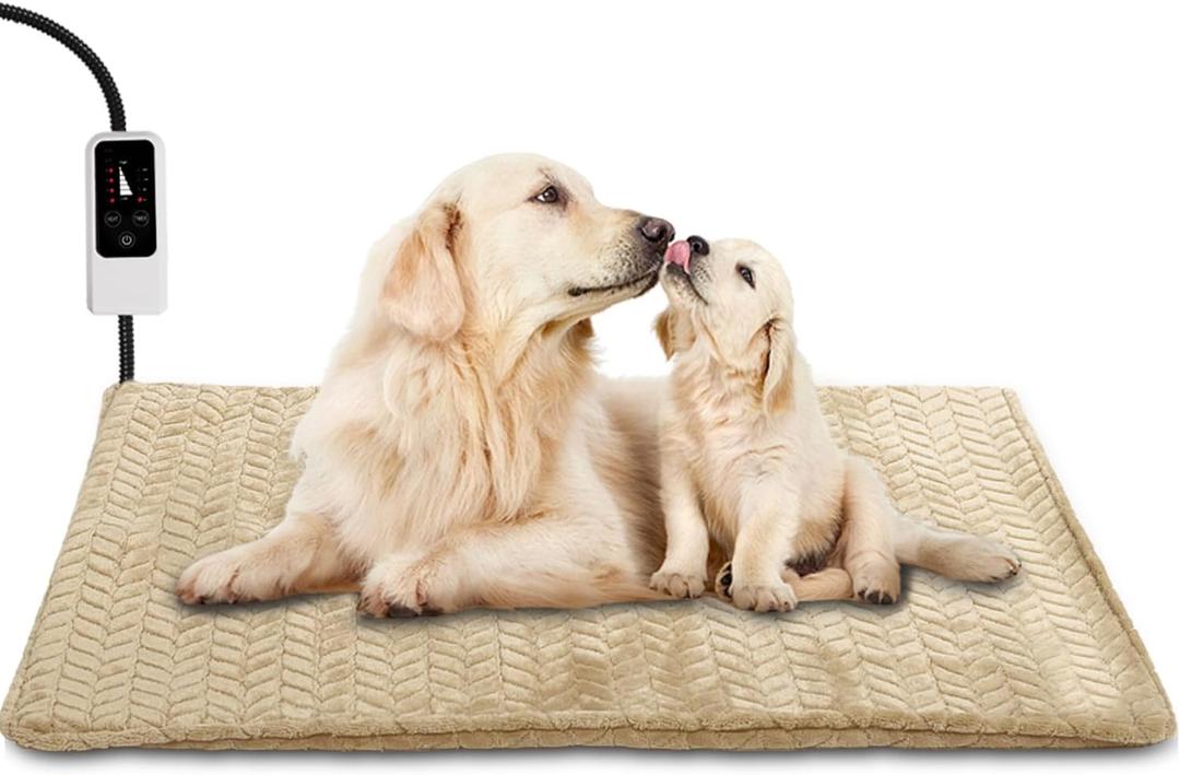 Heeyoo Pet Heating Pad, Adjustable Temperature Dog Cat Heating Pad with Timer, Waterproof Heated Dog Bed with Chew Resistant Cord, Auto Power-Off Indoor Pet Heated Mat for Dogs and Cats, 36" x 24" (Khaki)