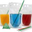 C CRYSTAL LEMON 100PCS Drink Pouches with Side Straw Port, Resealable Drink Bag Set with Straws & Funnel, 17oz Clear Beverage Pouches for Juice, Smoothies, Cocktails & Slushies