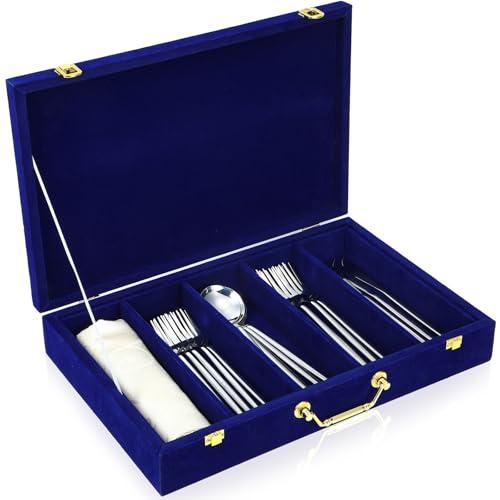 Pickmesh Silverware Case with Lid and Handle, Silverware Storage Box Sterling Silver Flatware Chest Without Silver Tarnish Proof Utensils Organizer for Kitchen Elegant Decor Wedding Gifts(Royal Blue)