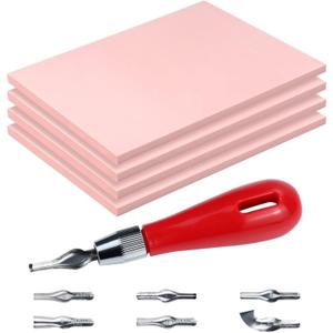4 Pack Rubber Carving Blocks 4x6 Inch with Lino Cutter Tool Set, Soft Rubber Stamp Making Kit for Block Printing, Linoleum Blocks for Printmaking and DIY Stamp Crafts, Pink