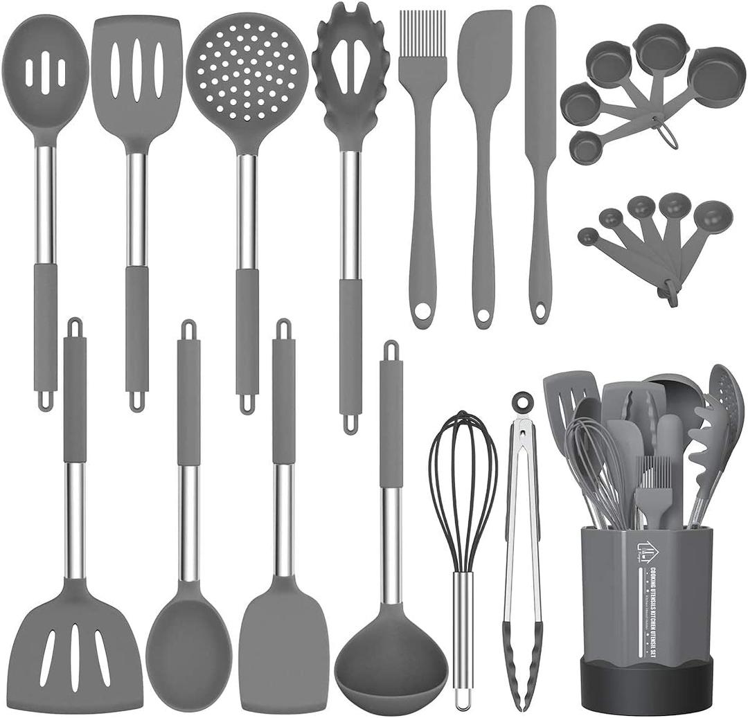 Silicone Cooking Utensil Set, Fungun Non-stick Kitchen Utensil 24 Pcs Cooking Utensils Set, Heat Resistant Cookware, Silicone Kitchen Tools Gift with Stainless Steel Handle (Gray-24pcs)