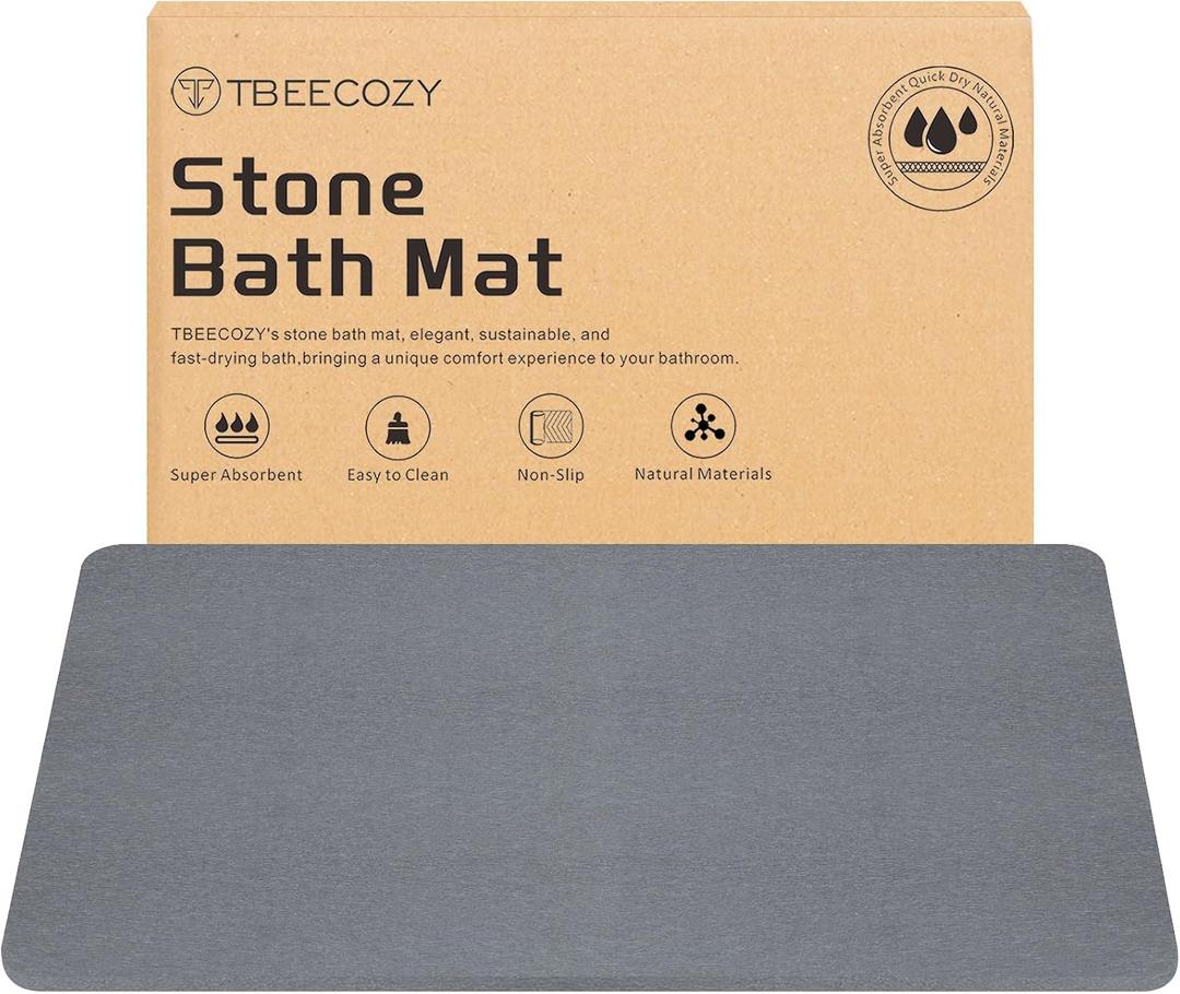 Stone Bath Mat, Diatomite Fast Drying Non Slip Stone Shower Mat, Super Absorbent for Bathroom & Kitchen, Multi-Use as Pet Mat, Easy to Clean 16"x24", Gray