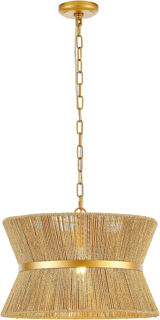 18 Hand Woven Rattan Boho Chandelier Brass Ajustable Pendant Light for Kitchen Island Living Room Bedroom Hallway, UL Listed