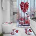 DDS-DUDES Valentine Shower Curtain, Romantic Valentines Watercolor Falling Red Heart Shower Curtain, Red Hearts Cute Gnomes Bathroom Accessories Set with Hooks, 71x71 inches