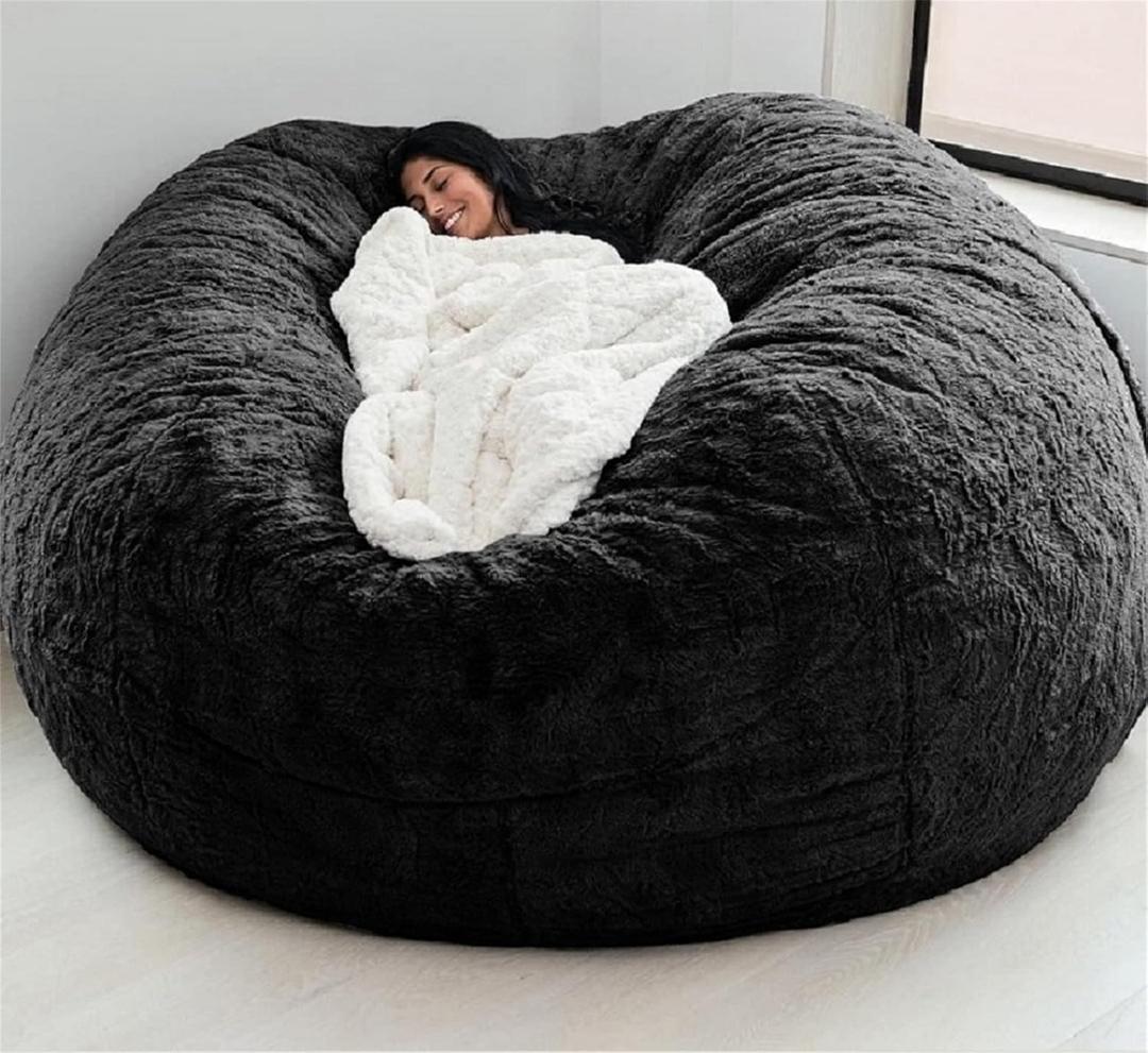 Giant Fur Bean Bag Chair Cover for Kids Adults, (No Filler) Living Room Furniture Big Round Soft Fluffy Faux Fur Beanbag Lazy Sofa Bed Cover (Black, 7FT)