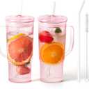 JunVpic Glass Cups with Lids and Straws,24oz Glass Tumbler with Handle Iced Coffee Cup for Coffee,Juice,Tea,Milk,Smoothie,Hot & Cold Drinks (Pink)