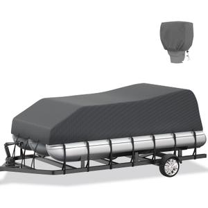 800D Pontoon Boat Cover with Motor Cover, Heavy Duty Solution-Dyed Polyester Cover, UV Resistant Marine Grade Waterproof Covers, 21'-24' Length, Beam Width 102" (DeepGray for Pontoon)