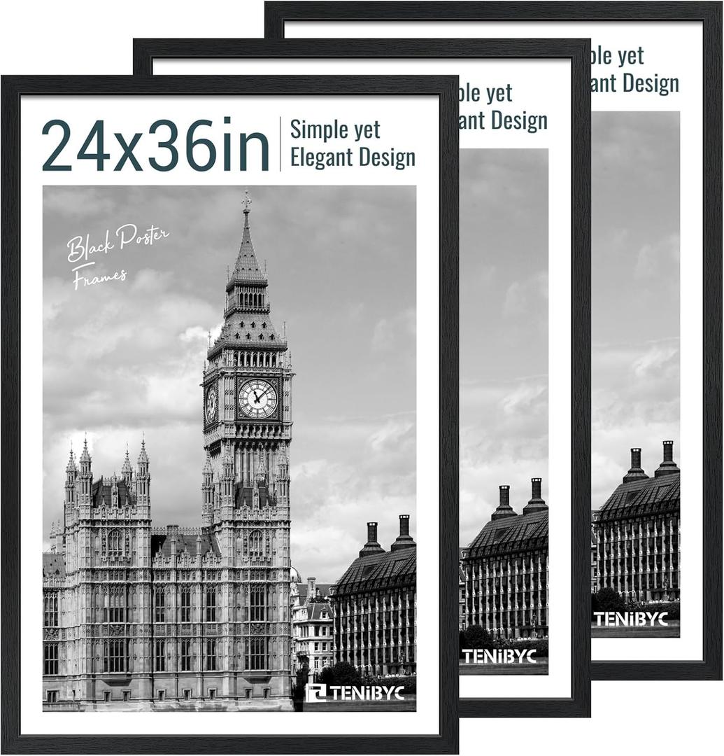 24x36 Poster Frame 3 Pack - Black Woodgrain, Solid Wood Picture Frame, Wall Gallery Frame - Wall Hanging