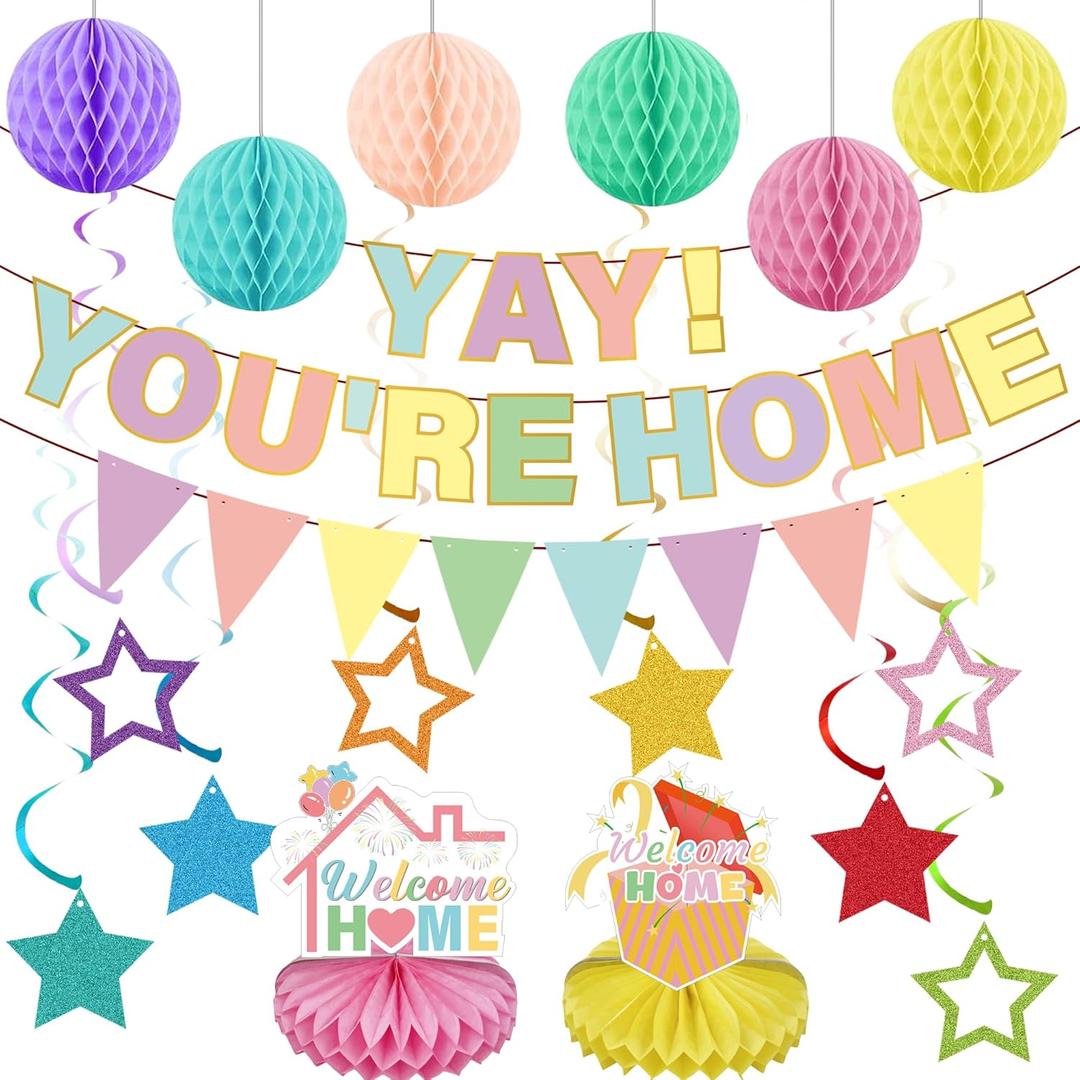 Welcome Home Party Decorations Banner - 19 Pcs Pre-Strung Colorful Banners Triangle Bunting Hanging Swirls Honeycomb Centerpiece Balls for Welcome Back Home Military Army Homecoming Sign Decor