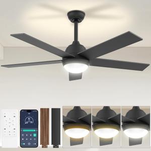 Black Outdoor Ceiling Fan - 52 Inch Ceiling Fans with Lights Remote APP 6 Wind Speeds 3 Color Temperatures Dimming Reversible DC Motor for Outdoor Patio Farmhouse Bedroom Living Room