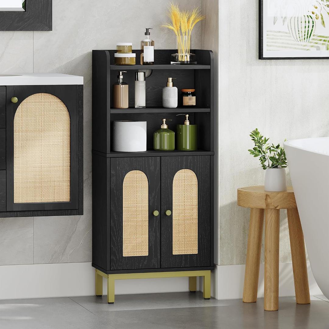 Hzuaneri Bathroom Storage Cabinet, Small Floor Cabinet with 2 Door and Shelves, Toilet Paper Cabinets, Bathroom Organizer with Adjustable Shelf, for Small Spaces Rattan Black 7.1" Dx14.6 Wx32.7 H