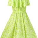 Girls Summer Hawaiian Dress Floral Halter Neck Cold Shoulder Sleeveless Beach Sundress 1-12 Years (Green)