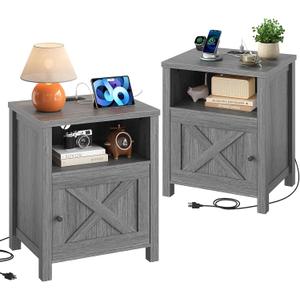 Marsail Farmhouse Nightstand Set of 2 with Charging Station, Wood Bedside Table with USB Port & AC Outlet, Open Shelf and Enclosed Cabinet, Side Table with Storage for Bedroom, Grey