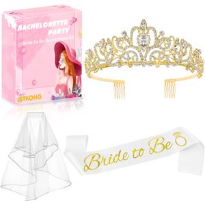 JETKONG 3 Pcs Bachelorette Party Decorations Bridal Shower Crown, Bride to Be Sash&Veil for Women Bachelorette Party Gifts, Bachelorette Party Supplies, Gifts, Favors (Gold)
