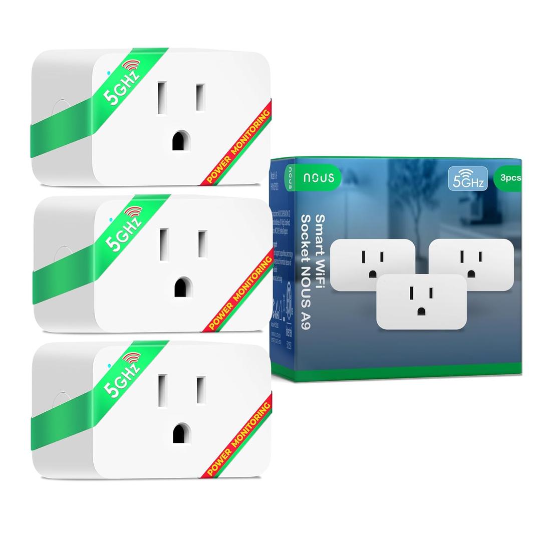 NOUS Wi-Fi Smart Plug 15A, Dual-Band 2.4GHz & 5GHz, Energy Monitoring, Compatible with Alexa, Google Home, Tuya App, Remote Control, Timer, Compact Design, Smart Outlet, 3 Pack