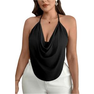 Women's Plus Size Halter Tops for Women Draped Cowl Neck Sleeveless Asymmetrical Crop Low Cut Cami Tops (3X-Large Plus, Black)