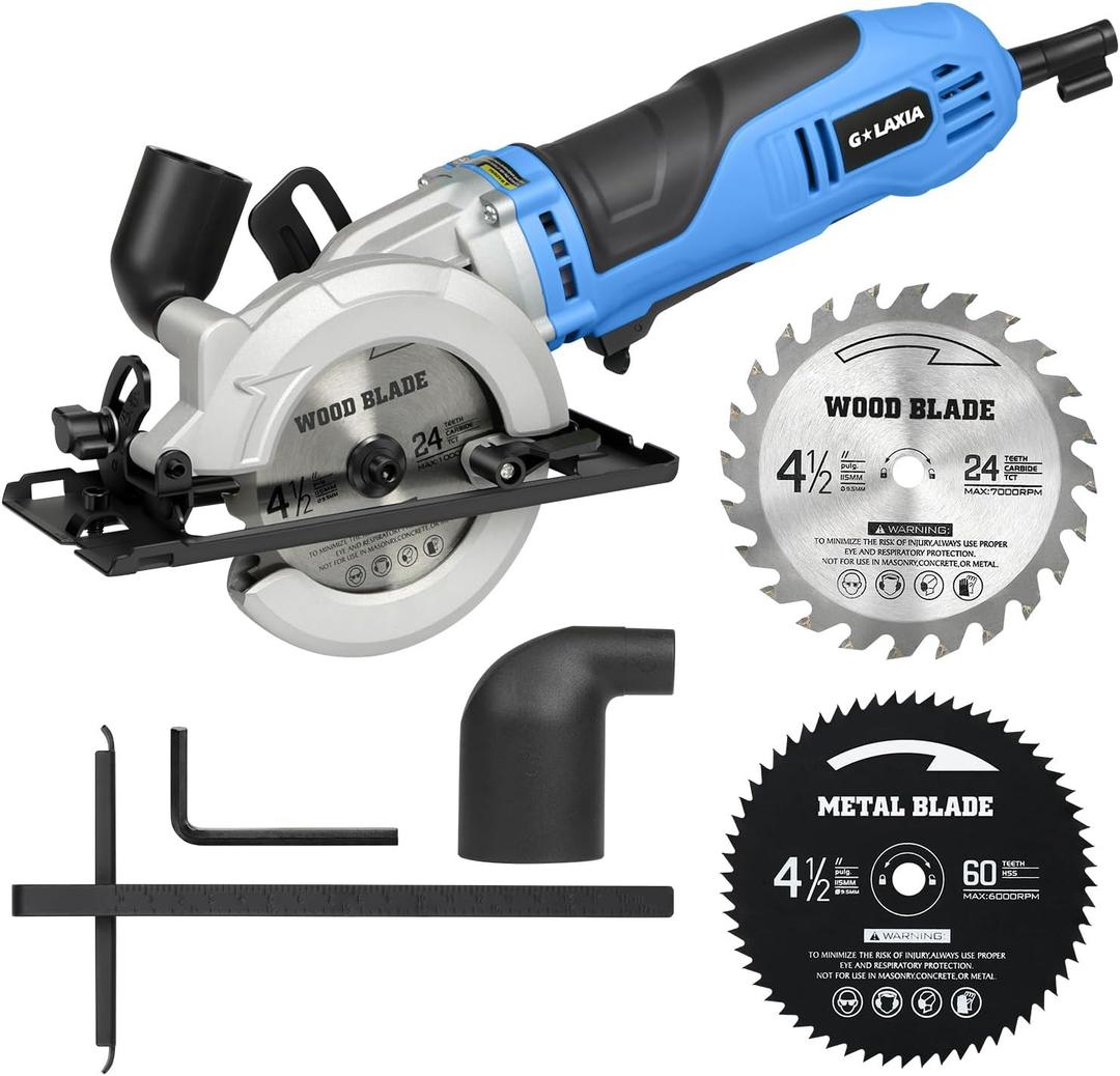 Mini Circular Saw, 6Amp 5200RPM Corded Circular Saw with Rip Guide, 24T TCT Wood Blade & 60T HSS Metal Blade 1.67" Cutting Depth at 90, 1" at 45 for Bevel Cuts, for Wood, Thin Metal, PVC